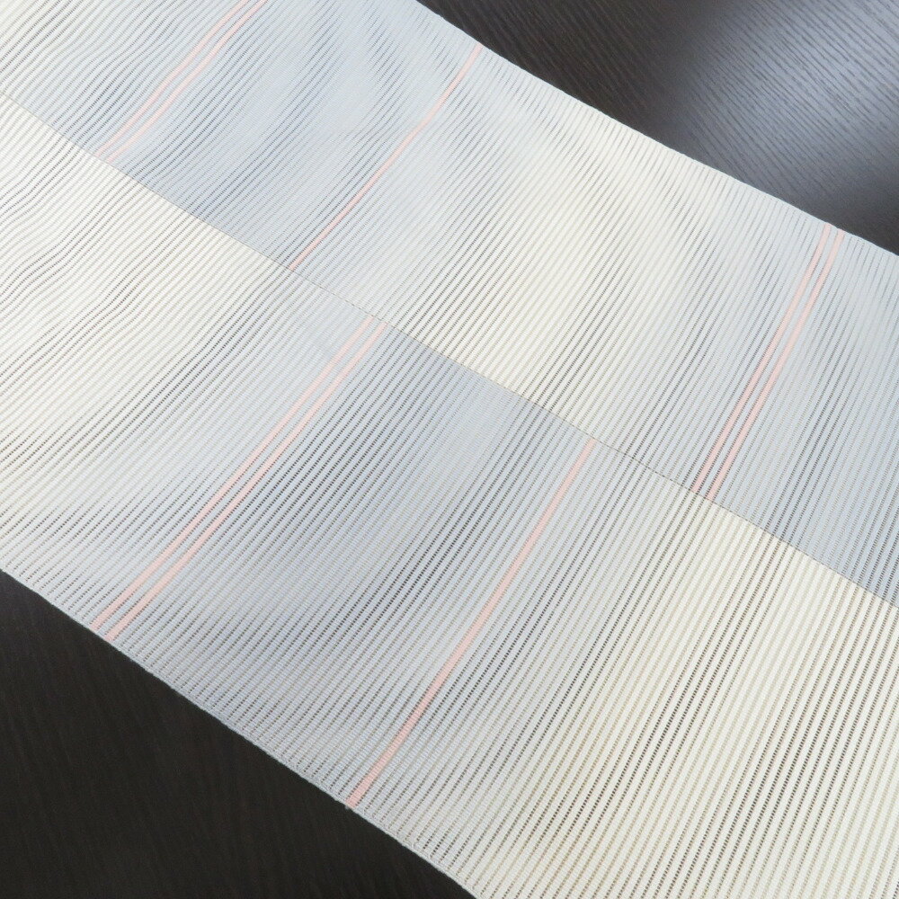 名古屋帯 夏用帯 夏名古屋帯 生成地 水色グラデーション×ピンク 絽 夏 お太鼓柄 横段 長さ364cm【中古】