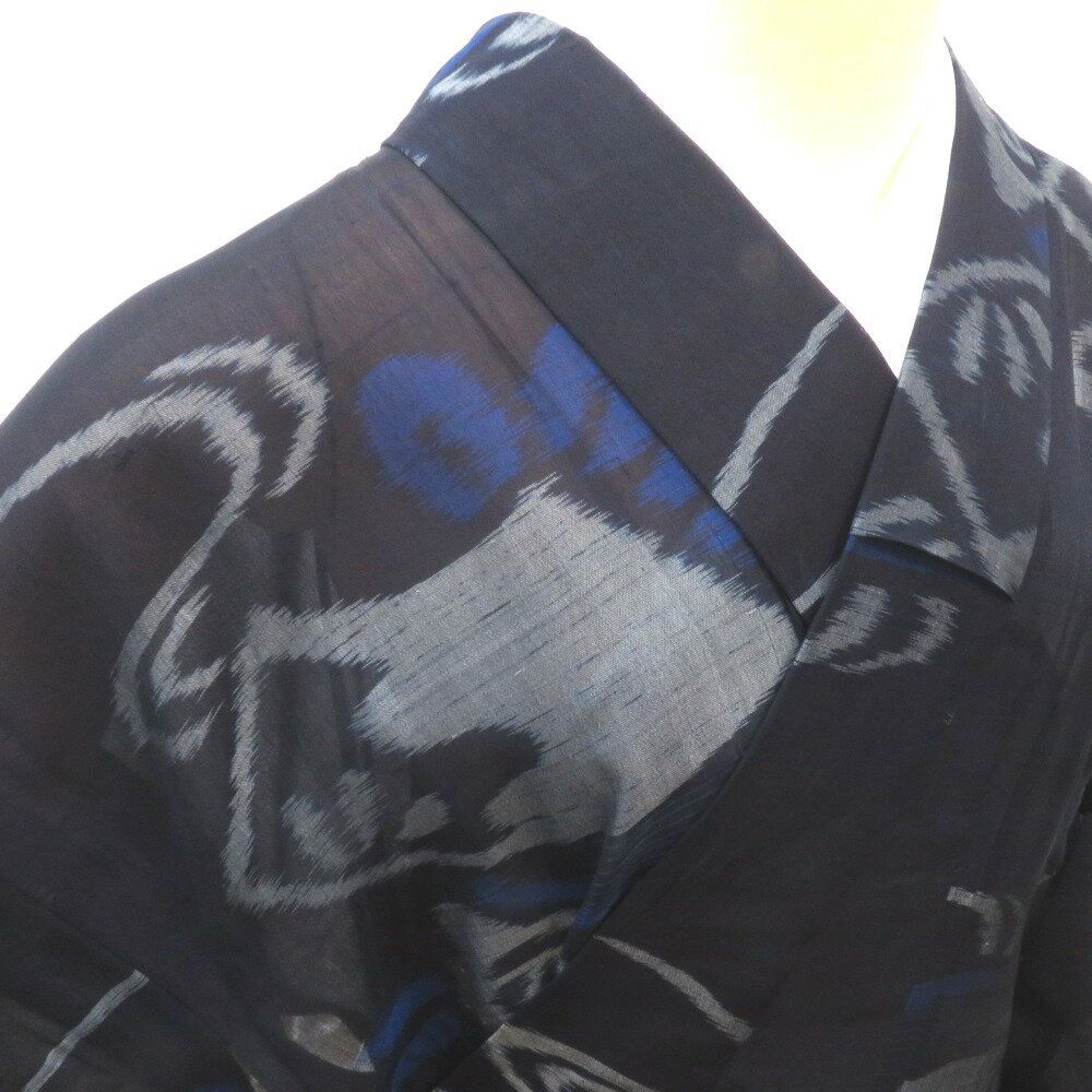 Summer Wear - 夏着物 昔 夏物 アンティーク 濃紺×グレー 青 地紙文 桔梗 流水 昔着物 バチ衿 正絹 昔きもの レトロ 明治・大正ロマン サイズ小さめ 身丈145.7cm【中古】