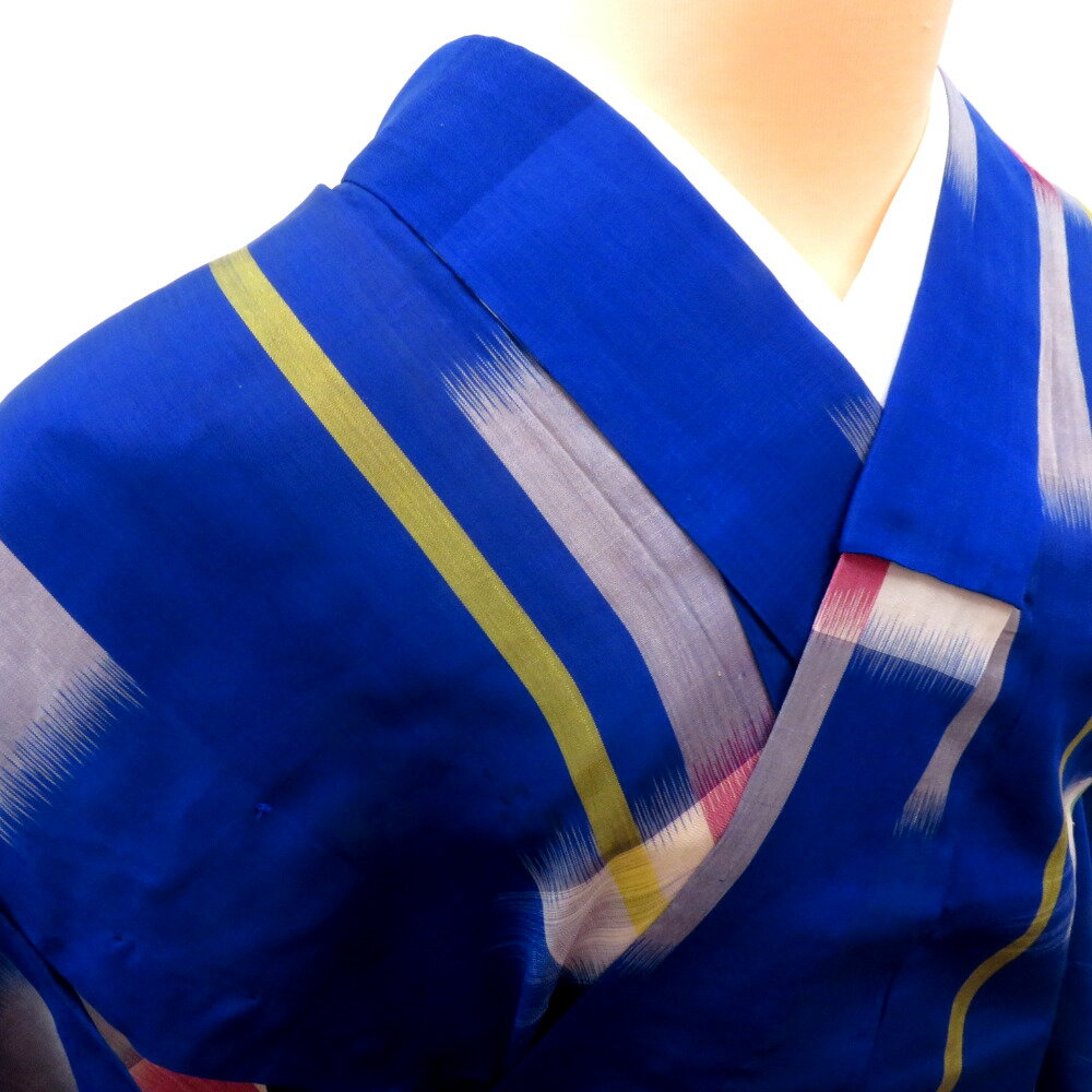 Summer Wear - 夏着物 昔 夏物 アンティーク 青×グレー白赤黄 格子 絣 昔着物 バチ衿 正絹 昔きもの レトロ 明治・大正ロマン サイズ小さめ 身丈143cm【中古】