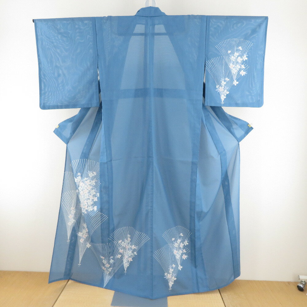 Summer Wear - 夏着物 ポリエステル 付下げ 絽 広衿 青色x白色 花模様 夏用 仕立て上がり 身丈157cm【中古】