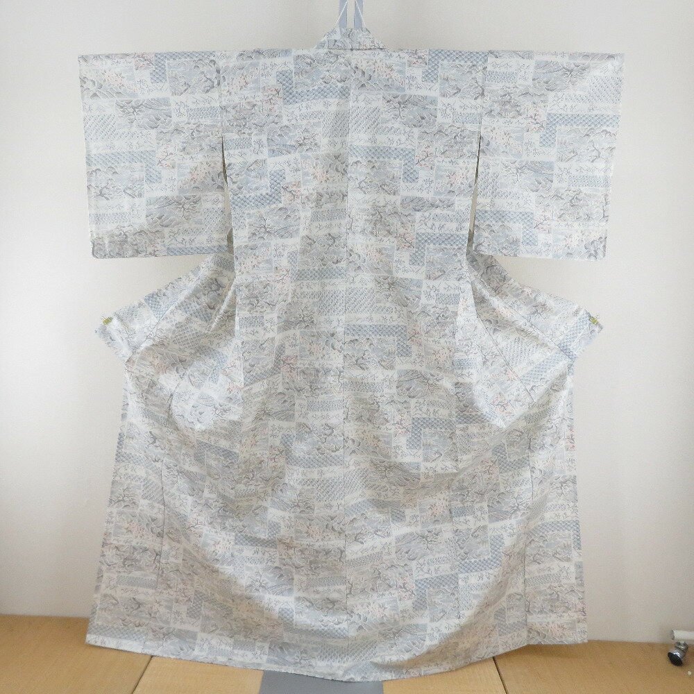 Summer Wear - 夏着物 正絹 単衣 紬 白色x薄水色x薄茶色 風景模様 カジュアル 広衿 仕立て上がり 身丈165cm【中古】
