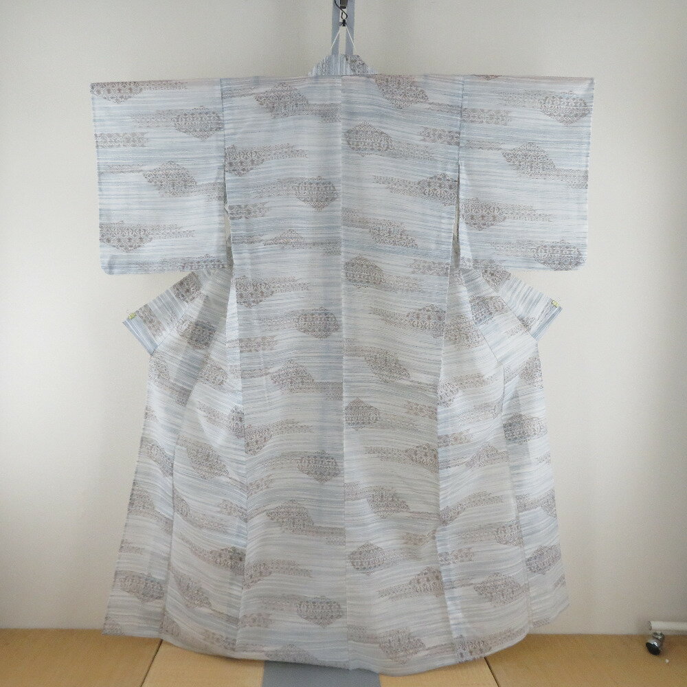 Summer Wear - 夏着物 単衣 単衣 交織 薄水色x白色x薄茶色 茶柄 カジュアル 広衿 仕立て上がり 身丈158cm【中古】