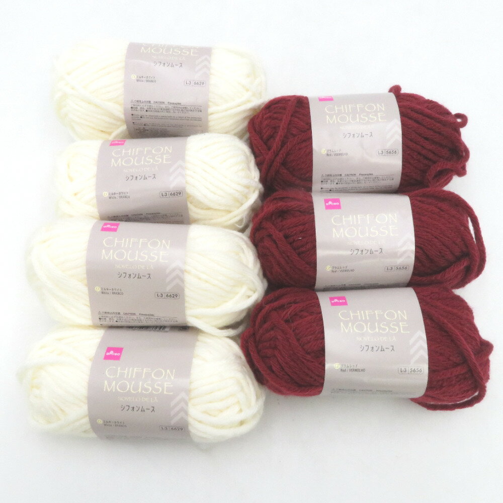 Rakuten - DAISO (ダイソー) 毛糸 CHIFFON MOUSSE シフォンムース 7玉セット 1玉約40g 約37m ミルキーホワイト プラムレッド 未使用品【中古】