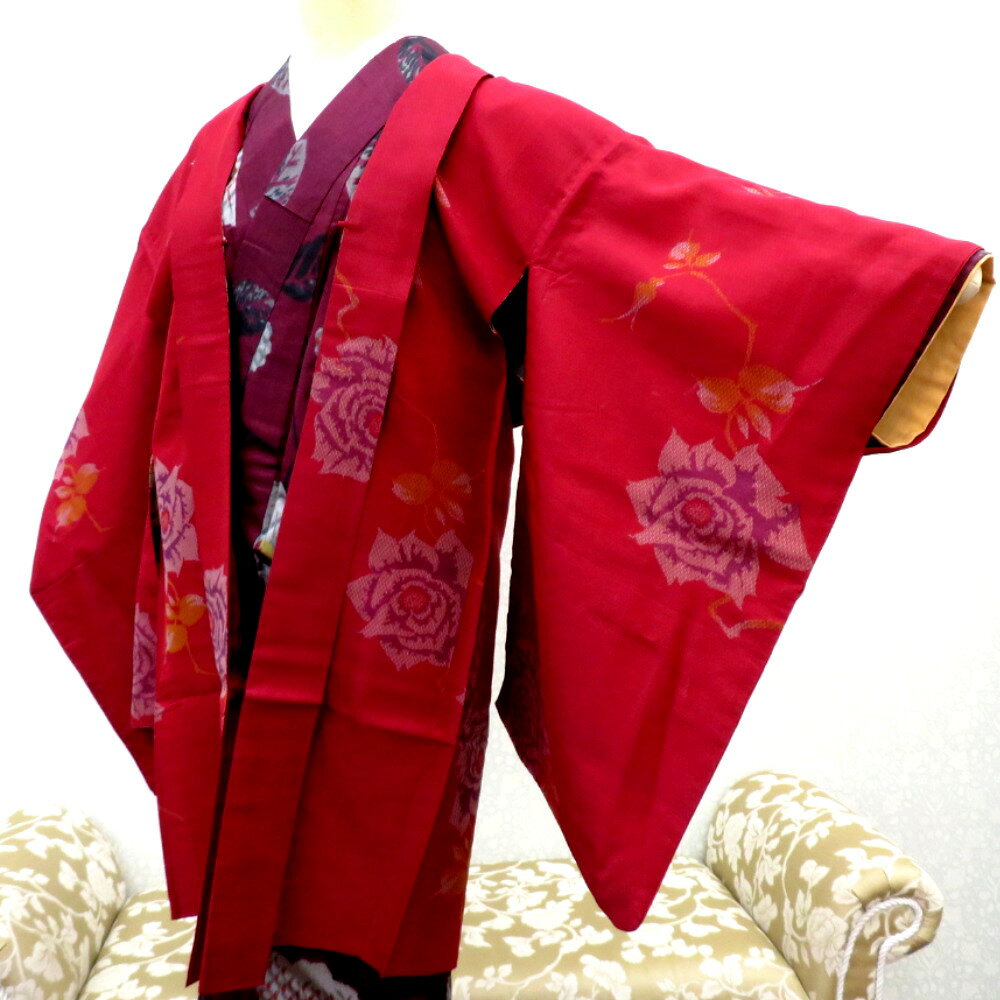 Rakuten - 羽織 アンティーク 昔長羽織 正絹 赤系×多色 薔薇 地模様 昔 レトロモダン 明治・大正ロマン ちりよけ 上着 小さめサイズ【中古】