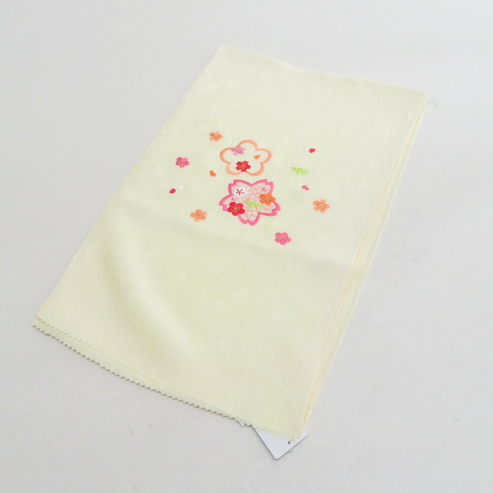 ココロード 楽天市場店の女児用 帯揚げ 刺繍入り 黄色xピンク色 梅に桜文様 正絹 和装小物 子供用 七五三 イベント 【中古】｜アングル2