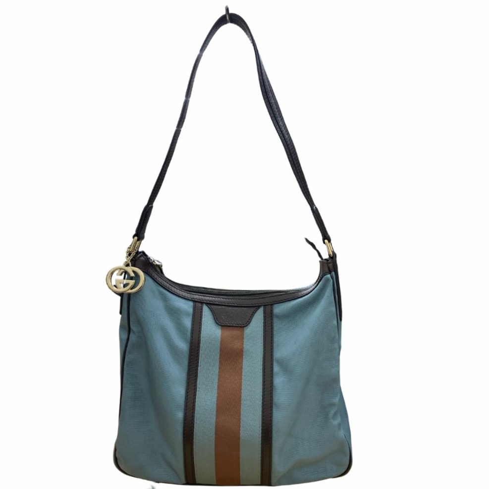 gucci///////////////\' - グッチ シェリーライン ウェブショルダー 264219 ナイロン キャンバス ブルー レザー コンパクト レディース GUCCI ショルダーバッグ【中古】