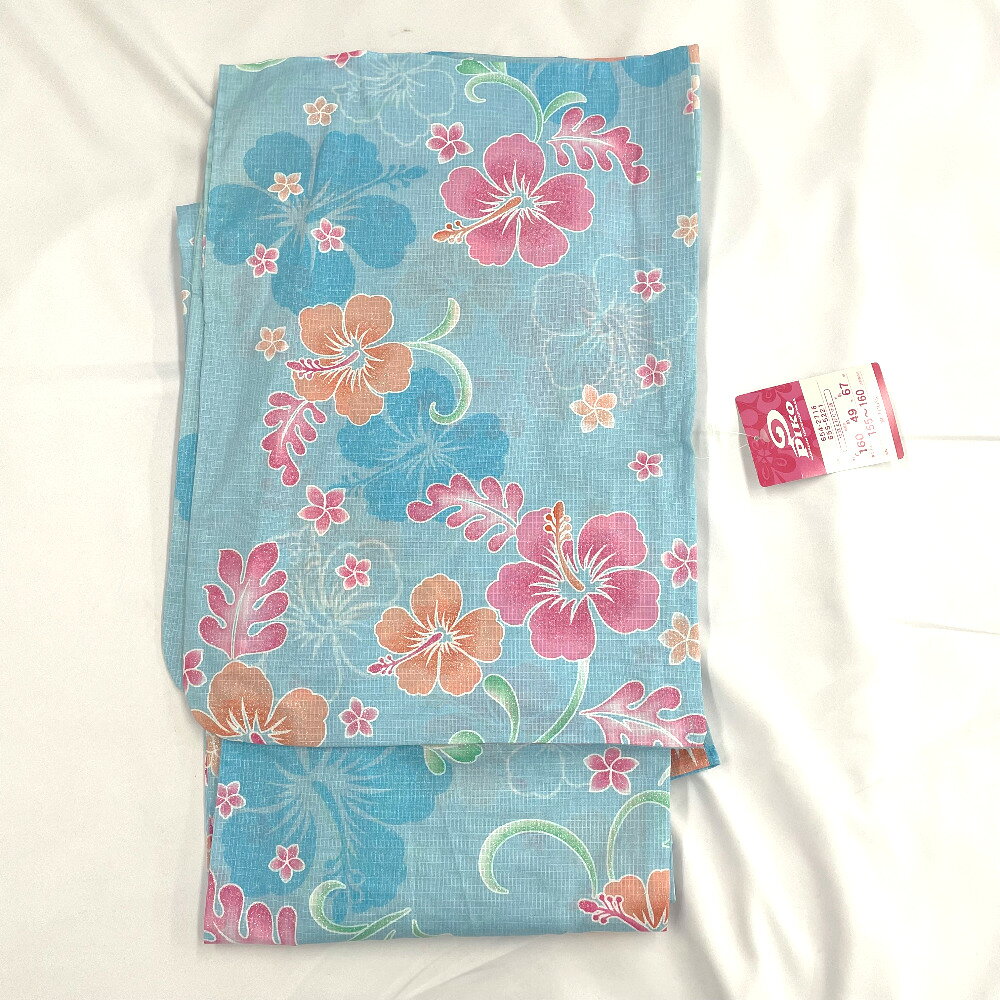 PIKO (ピコ) 浴衣 2点セット 水色×ピンク ハイビスカス 綿 作り帯 夏物 ジュニアサ...