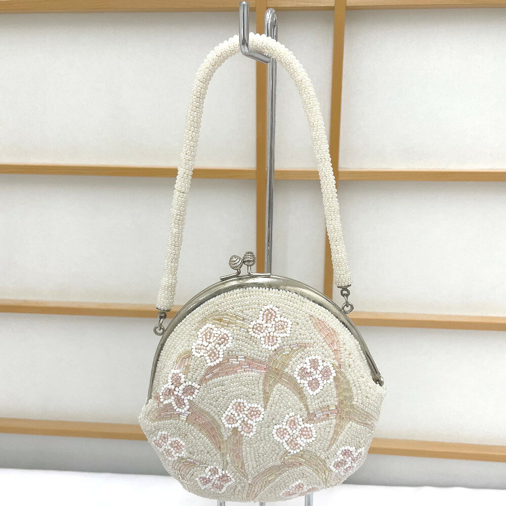 和装バッグ ビーズバッグ ホワイト系 小花 ハンドバッグ パーティーバッグ がま口 レトロ 着物バッグ 洋装 和小物【中古】
