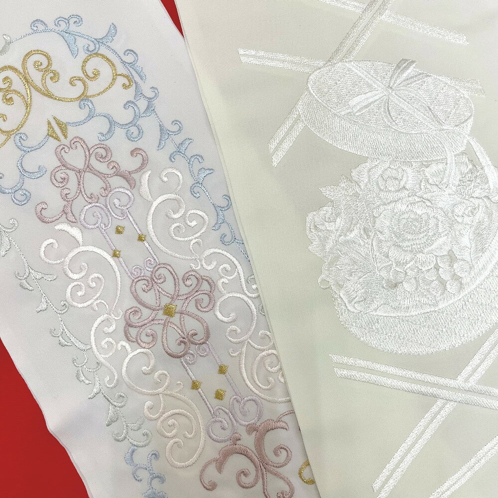 刺繍半衿 2枚セット オフホワイト 花 プレゼントボックス ポリエステル 半襟 振袖 礼装 成人式 卒業式 和装小物 日本製 新品