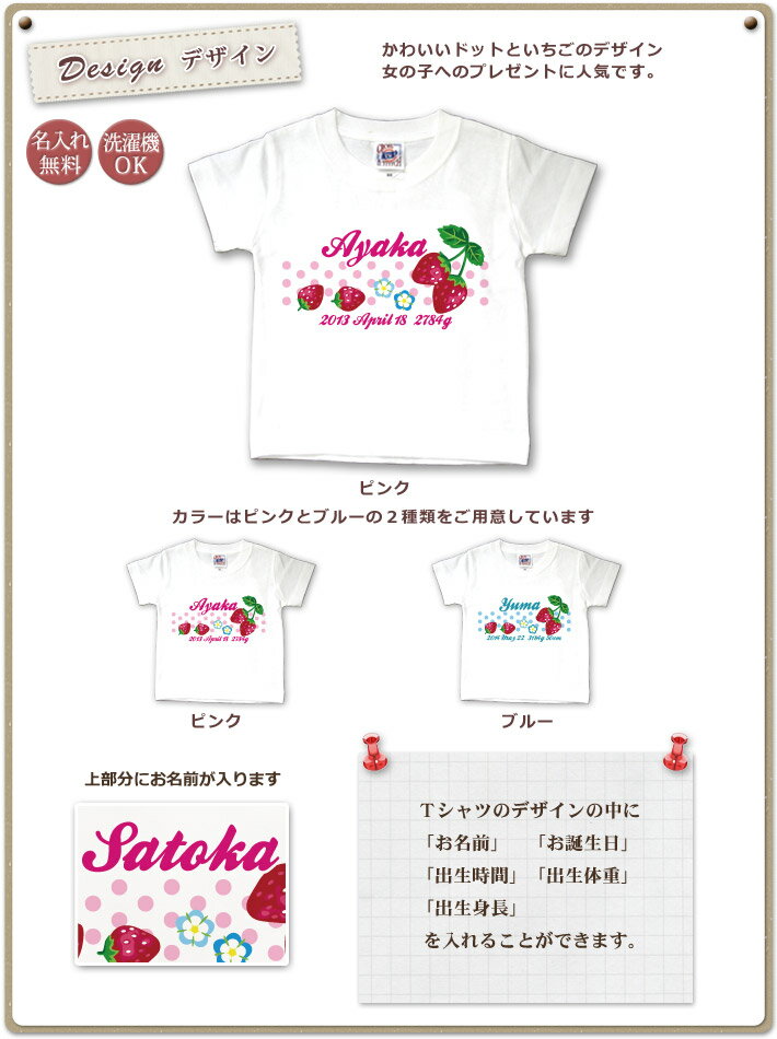 Tシャツ 誕生日 プレゼント 出産祝い 名入れ 名前入り キッズ ベビー 半袖 テキスタイルデザイン いちご&ドット 女の子 服 誕生日プレゼント 百日祝い お七夜 春夏 ブランド ココロコ 2