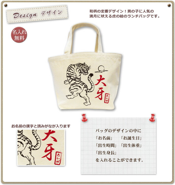 出産祝い 誕生日 プレゼント 名入れ 名前入り キャンバス ランチバッグ ミニトートバッグ 和柄 和風 デザイン 月夜に吠える虎(トラ) 男の子 誕生日プレゼント 保育園 幼稚園 バック 百日祝い 100日祝い お七夜 【1枚のみメール便対応】 ブランド ココロコ