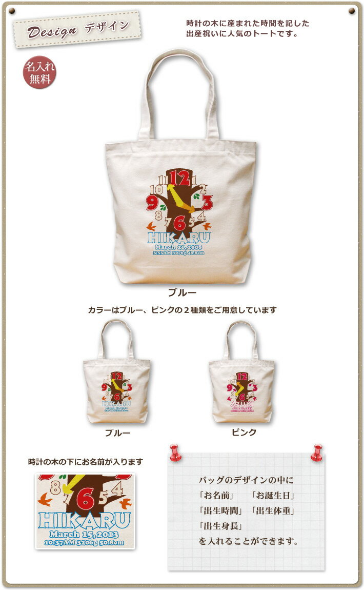 出産祝い 誕生日 プレゼント 名入れ 名入れ無料 名前入り キャンバス トートバッグ 内ポケット付き 出生時間で作る時計デザイン ツリークロック 男の子 女の子 誕生日プレゼント 保育園 幼稚園 ママバッグ マザーズバッグ エコバッグ 大きめ 帆布 送料無料 ブランド ココロコ