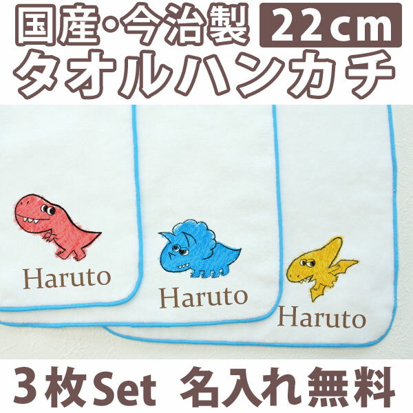 入園祝い 名入れ 名入れ無料 名前入り タオルハンカチ 恐竜セット 3枚組み 国産 今治製 タオル 22cmx22cm 男の子 女の子 誕生日 プレゼント 誕生日プレゼント 通常6-7営業日お届け 百日祝い 【メール便対応】 【ココロコ】