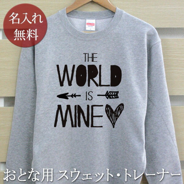 大人用 長袖 トレーナー スウェット 誕生日 プレゼント 名入れ 名前入り 西海岸風 シンプルデザイン WORLD IS MINE! 裏毛 パイル 誕生日プレゼント ママへ パパへ 親子 家族 お揃い 秋冬 【ココロコ】