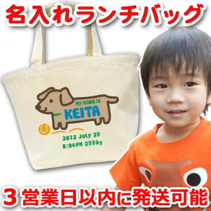 【即納】 出産祝い 誕生日プレゼント 名入れ 名入れ無料 名前入り キャンバス ランチバッグ ミニトートバッグ 手描き風デザイン いぬ 男の子 保育園やママバッグ、エコバッグ(エコバック)にも最適! 百日祝い 【ココロコ】