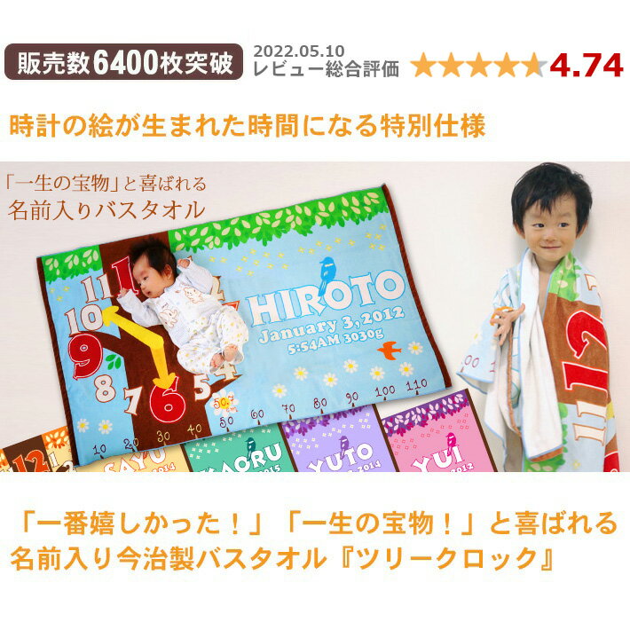 出産祝い 名入れ バスタオル 【生まれた時間】と身長計入り『ツリークロック』 男の子 女の子 ベビー 赤ちゃん 孫 名前入り 出産祝 今治製 大判 タオルケット 日本製 百日祝い 100日祝い ココロコ