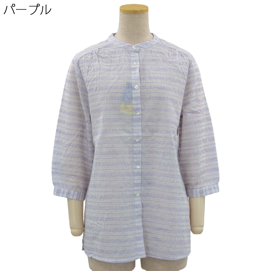 シニア向け 七分袖 バンドカラー ボーダー シャツ ブラウス 綿 春夏 トップス シニアファッション レディース 高齢者 70代 80代 90代 部屋着 外出着にも デイサービス、施設準備にも おしゃれ 通販 プレゼント 母の日ギフトにも 高齢者 cocorono22-10006224 cocorono 楽天市場店 サンプル画像2