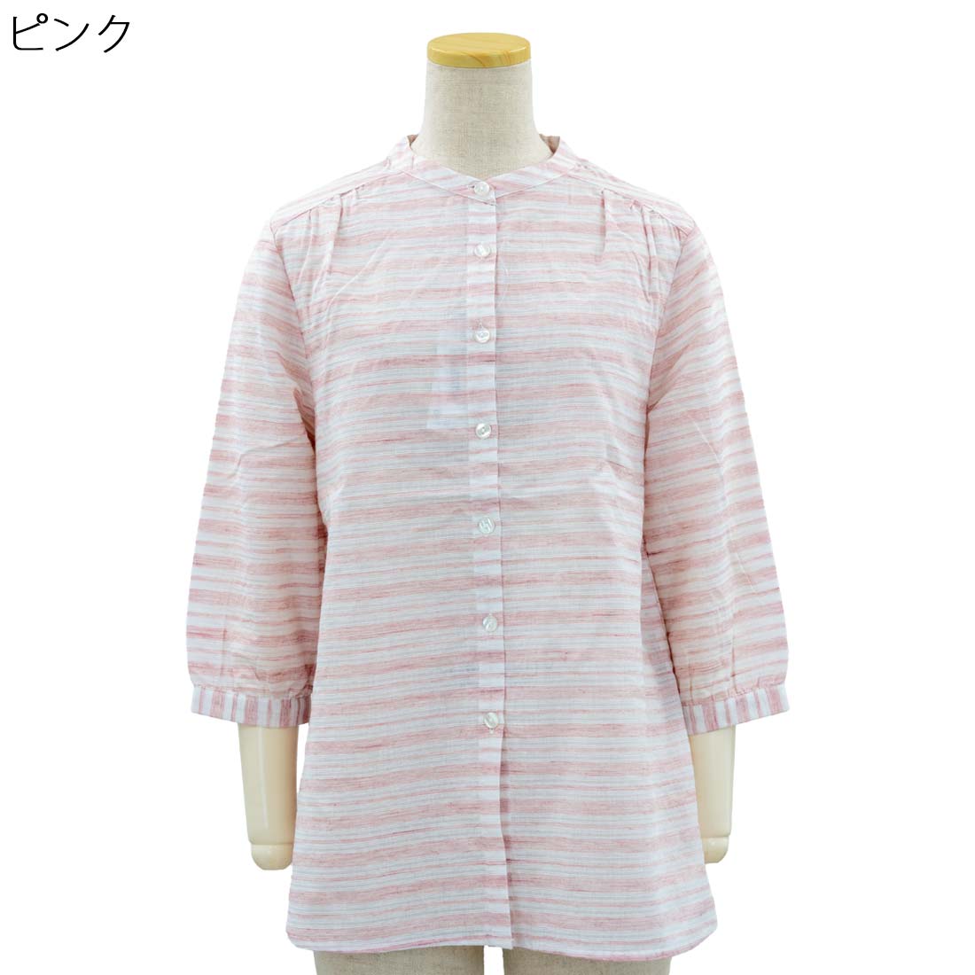 シニア向け 七分袖 バンドカラー ボーダー シャツ ブラウス 綿 春夏 トップス シニアファッション レディース 高齢者 70代 80代 90代 部屋着 外出着にも デイサービス、施設準備にも おしゃれ 通販 プレゼント 母の日ギフトにも 高齢者 cocorono22-10006224 cocorono 楽天市場店 サンプル画像3