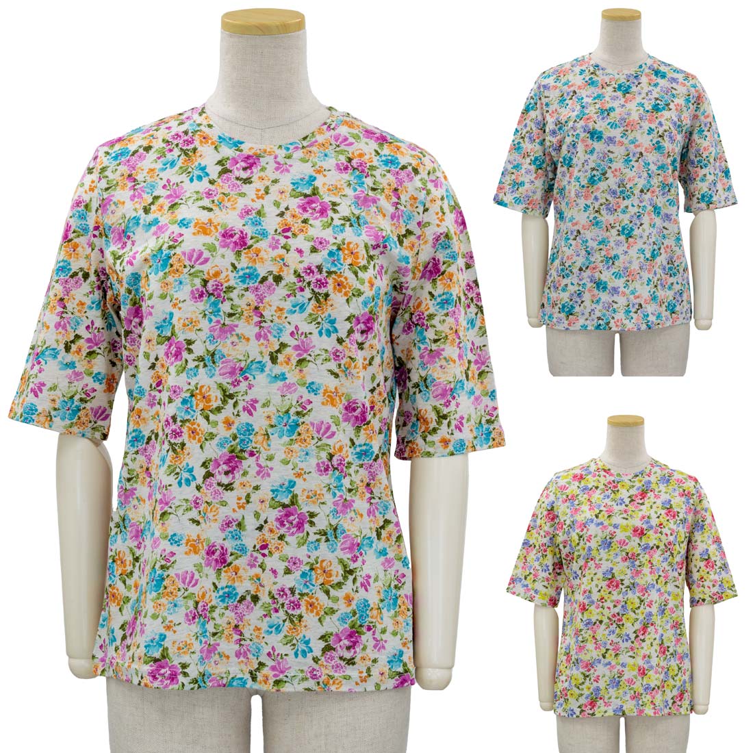 シニア向け 5分袖 綿 UVカット プリント カットソー Tシャツ 日本製 シニアファッション レディース 高齢者 70代 80代 90代 部屋着 外出着にも デイサービス、施設準備にも おしゃれ 通販 プレゼント 母の日ギフトにも 高齢者