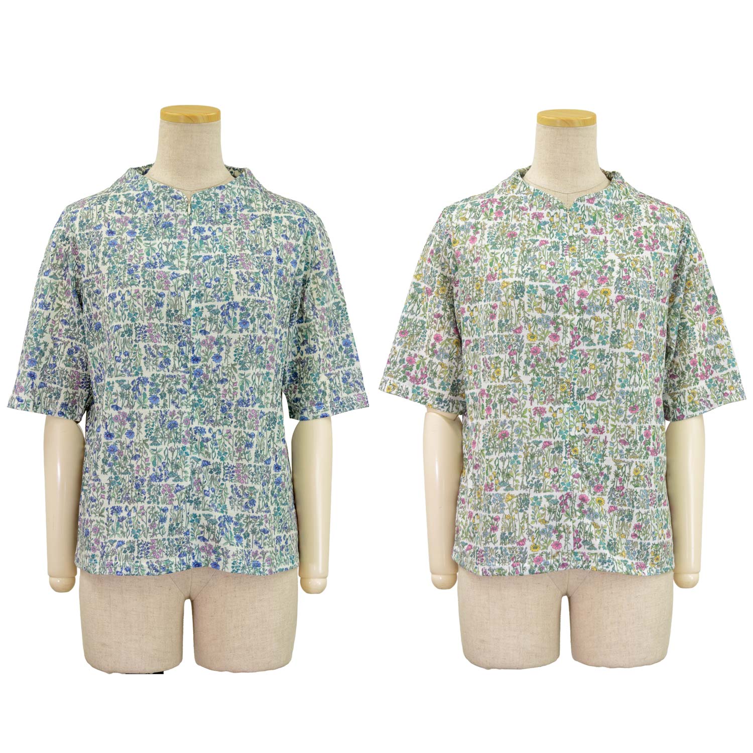 5分袖 綿混ニット プリント ロングファスナー ストレッチ カットソー Tシャツ シニアファッション...