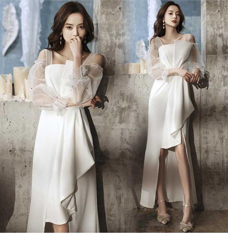 アシンメトリー オフショルダー レース袖 フリル ワンピース ドレス イブニングドレス 結婚式 二次会 可愛い ロングドレス パーティードレス お呼ばれ お嬢様...