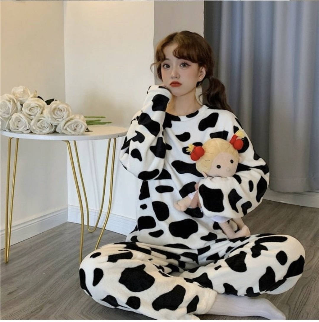パジャマ レディース ルームウェア ヘアパジャマ 乳牛柄 ロングパンツ パジャマ 長袖パジャマ 秋冬 上..