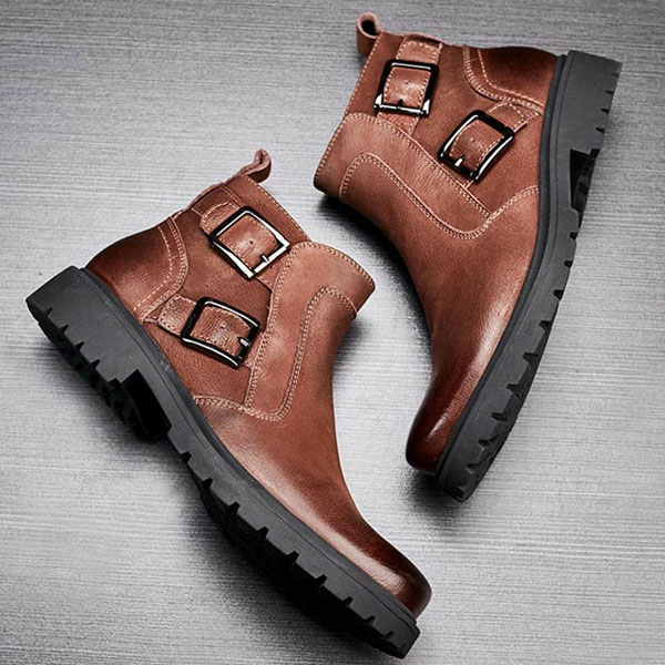 ワークブーツ メンズ バックル 本革 ダブルモンク ダブルバックル レザー 身長アップ 5.5cmヒール 牛革 レザー カジュアル ブラウン ブラック
