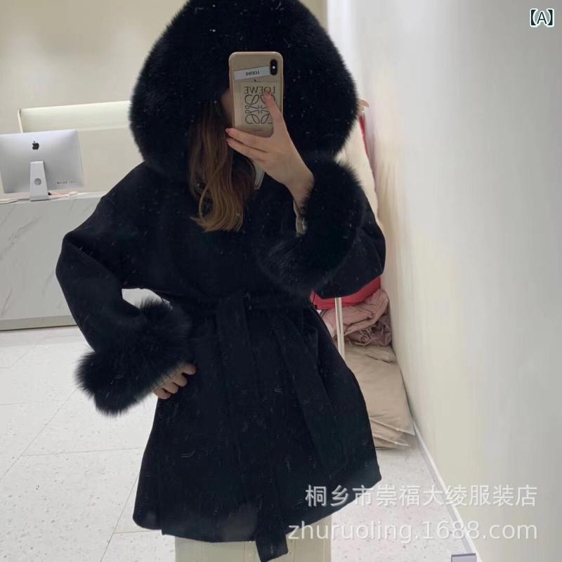 Rakuten - 【送料無料】コート レディース アルパカ 羊毛 ウール ミドル丈 フォックスファー 取り外し可能 2way 韓国ファッション 通勤 きれいめ エレガント 秋冬 ブラック 黒 カキ オフホワイト グレー XS S M