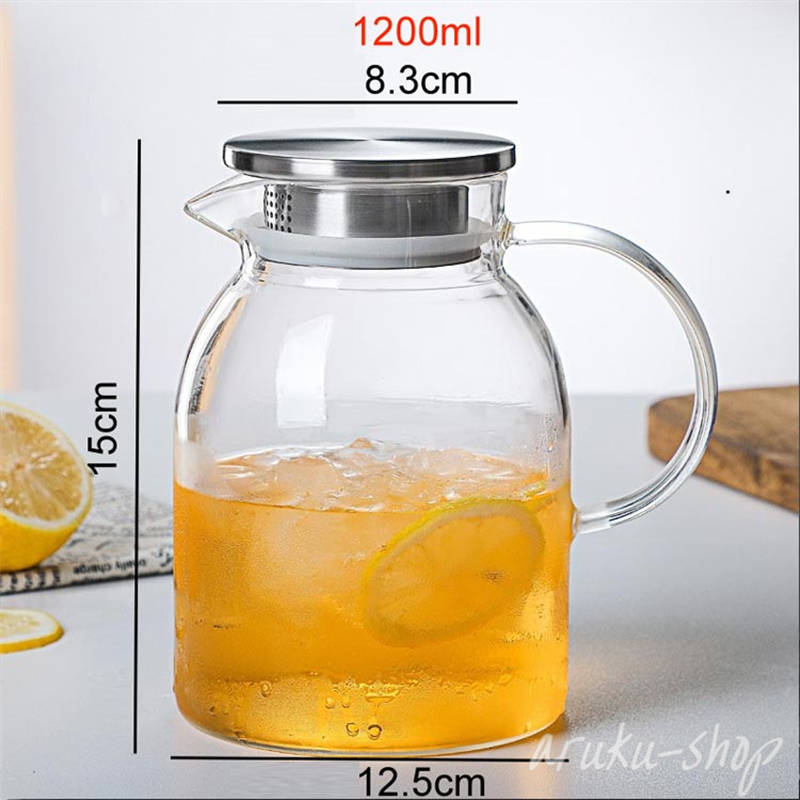 【送料無料】1200ml 茶こし一体型蓋 ガラスピッチャー 1800ml 直火/電気陶炉対応 ガラスポット ガラスケトル ティーポット 耐熱 大容量 紅茶ポット 洗いやすい 耐熱ガラス 冷水ポット 麦茶入れ 冷水筒