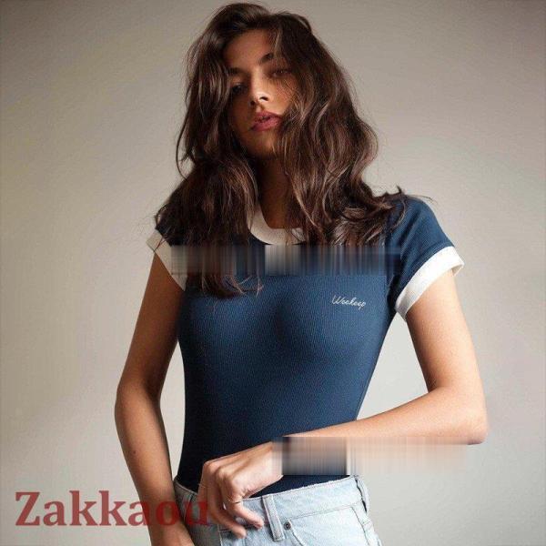 ボディブリファー ラウンドネック半袖 カットソー タイトトップス 英字刺繍 Tシャツ USA レディース 春..