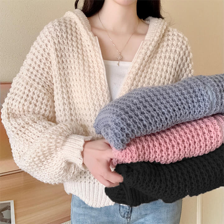 フード付きワッフル編みニット ジッパー カーディガンニットセーター ジャケット 韓国イン 秋冬オールマッチ 長袖ショート丈 アウター フード付き 通勤 オシャレ 着痩せ ニットカーデ