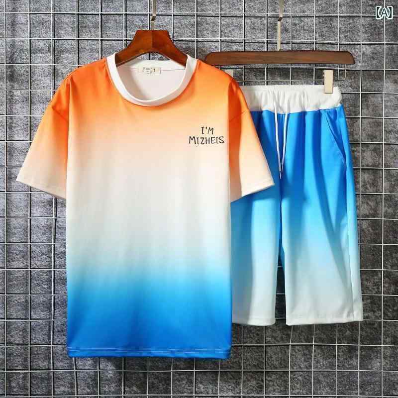 Rakuten - メンズ 半袖 Tシャツ 春夏 グラデーション フード付き スウェット おしゃれ ファッション オレンジ ブルー グレー パーカー
