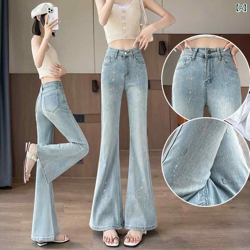 カジュアル フレア パンツ のの 夏の 細身 スリム ラインストーン ホース シュー パンツ 女性用 ホット フレアジーンズ