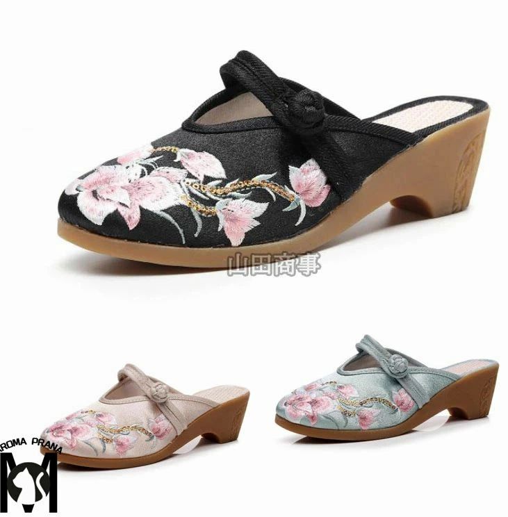 サンダル パンプス レディースチャイナシューズ 花刺繍 中華靴 中華シューズ スリッパ エスニック スト..