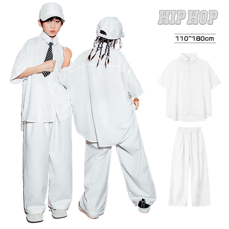 無地 キッズ ダンス衣装 セットアップ スーツ 子供服 ホワイト 白 5分袖 シャツ ダンスウェア 子供 服 ..