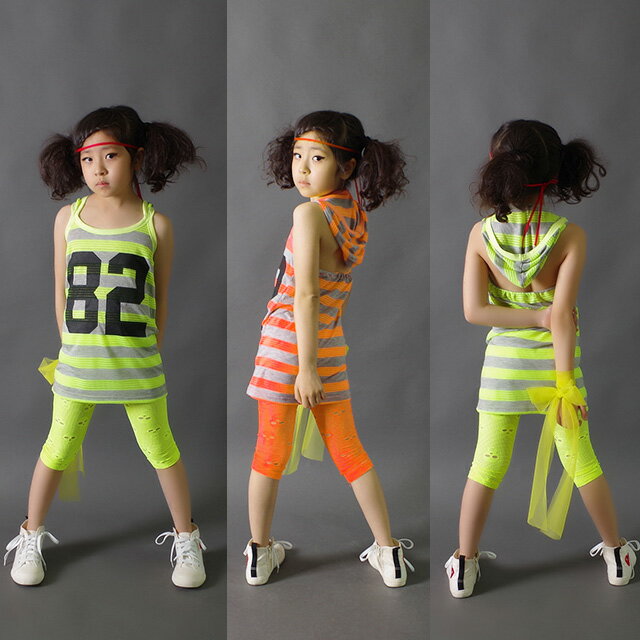キッズ ダンス衣装 ワンピース ストライプ 82 メッシュ PWR-02[子供服 ノースリーブ ワンピ ヒップホップ ジュニア ダンス 服 衣装 こども 女の子 夏 グリーン オレンジ 韓国子供服 90cm 100cm 110cm 120cm 130cm 140cm 150cm]