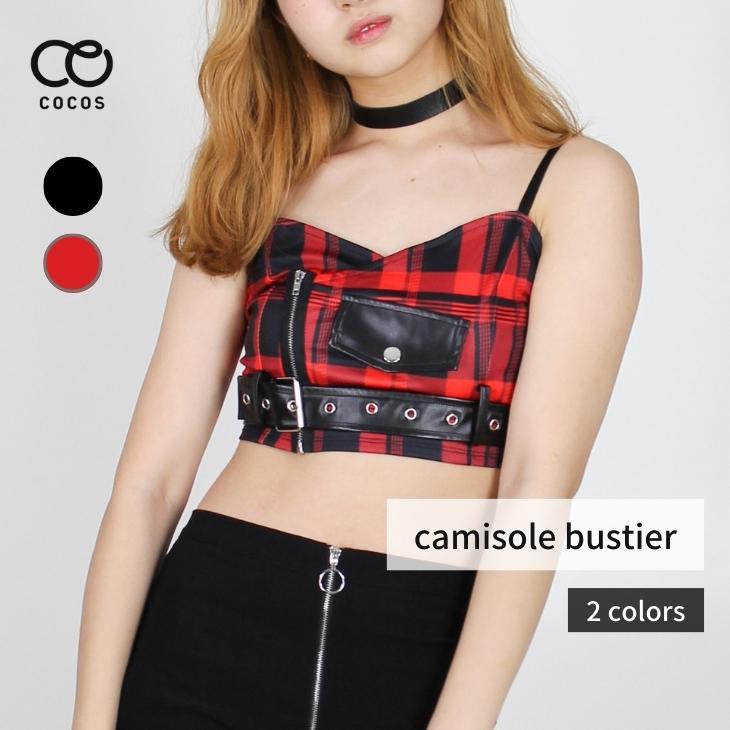 ダンス衣装 トップス キャミソール ビスチェ へそ出し ハーフトップ 黒 赤 チェック CLTE-04[ダンス 衣装 派手 目立つ ショート丈 クロップド レディース ガールズ ジッニア k-pop ヒップホップ 発表会 韓国]のサムネイル