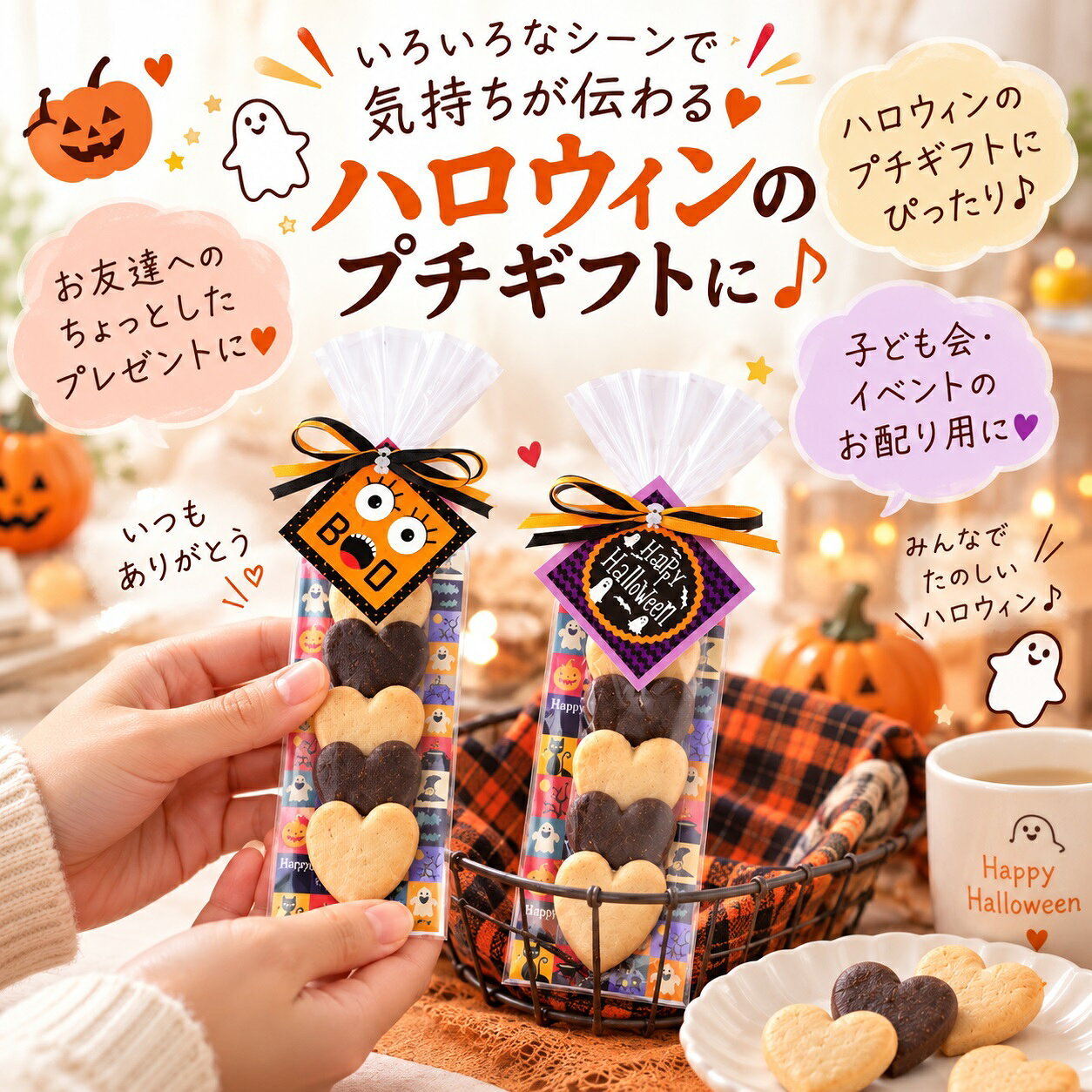 ハロウィン ハートクッキー ハロウィン柄の可愛いスリムパッケージに、 プレーン＆ココアのハートクッキーを詰め合わせた人気のプチギフトです。 おばけ・パンプキン・黒猫など、 ハロウィンらしいデザインのタグ付きで、 イベントや配布にぴったりの華やかさ。 袋の上部はふんわり広がるホワイトフィルム、 オレンジと黒のリボンがアクセントになっていて、 そのまま手渡せるラッピング済みギフトです。 【セット内容】 ハートクッキー：プレーン3個・ココア2個 ※こちらの商品は1個からでもご注文可能です。 ※デザインはアソートとなります。デザインは指定できません。 【同梱不可商品・送料についてのご案内】 ※商品名に「Hazuwell」と記載のある商品は、メーカー直送品のため、他の商品と同梱しての発送ができません。 「Hazuwell」商品と他の商品をあわせてご注文いただいた場合は、発送元が異なるため、それぞれ別々の発送となります。 そのため、**各発送ごとに商品合計金額が3,980円（税込）未満の場合は、それぞれに送料がかかります**。送料はシステム上、自動的に加算されますので、あらかじめご了承ください。 ご注文内容によって送料が複数発生する場合がございますため、恐れ入りますが、ご注文前に必ずご確認くださいますようお願いいたします。 月 お薦めポイント 1月 成人の日、成人式、お年賀、ご挨拶、お正月、正月、門松、出産祝い、誕生日祝い、オシャレ、ギフト、愛妻の日 2月 バレンタインデー、本命、義理、結婚記念日、還暦祝い、お祝い、誕生日、お礼、引越し祝い 3月 ひな祭り、ひなまつり、ホワイトデー、男性、お返し、女性に人気、卒業式、卒園式、退職祝い、卒業祝い、結婚祝い、定年、送迎会、バレンタインデーのお返し、春の花 4月 入学式、入園式、入学祝い、就職祝い、開店祝い、改築祝い、新築祝い、記念日、歓送迎会 5月 母の日、母の日ギフト、母親の日、カーネーション、スイーツセット、歓迎会、楽屋訪問、ははの日 6月 父の日、ギフト、ジューンブライド、サムシングブルー、フラワーケーキ、ビジネス 7月 七夕、お中元、夏ギフト、お見舞い 8月 お盆、帰省土産、サマーギフト、金婚式、銀婚式 9月 敬老の日、お彼岸、ホームパーティ、スイーツ、セット、楽屋見舞い 10月 ハロウィン、パーティー、イベント、メッセージ、発表会、贈物、誕生日プレゼント、キャンディブーケ 11月 七五三、いい夫婦の日、個展、展覧会、展示会、開店、オープン 12月 クリスマス、Xmas、お歳暮、年越し、サプライズ、プレゼント 贈る相手：女性、男性、母、義母、父、義父、お父さん、お母さん、祖母、祖父、おじいちゃん、おばあちゃん、家族、恋人、子供、息子、娘、兄、姉、妹、弟、彼女、彼氏、友達、上司、先輩、部下、後輩、社長、0歳、1歳、10代、20代、30代、40代、50代、60代、70代、80代、90代 -------------- 【プチギフトの使用用途】 こちらのプチギフトは、各種イベント （ お正月 お年賀 お年玉 七五三 結婚式 披露宴 ウェディング ブライダル クリスマス 七夕 Christmas Xmas ハロウィン Halloween イースター・エッグ イースターエッグ Easter egg バレンタインデー ホワイトデー こどもの日 子どもの日 母の日 父の日 敬老の日 出産祝い 快気祝い 引っ越し祝い 引越し 誕生日 birthday バースデー バースデイ 記念日 )に プレゼント すると喜ばれる人気のプチギフトです。 引っ越しや転勤のご挨拶に最適な粗品ギフト。異動やお礼の場面でも喜ばれる、心のこもったプレゼントをご用意しました。感謝の気持ちをさりげなく伝える品物で、どんなシーンにもぴったり。 バレンタインでは、本命チョコ ギリチョコ 義理チョコ にいかがですか？500円以下のプチギフトもあるので、子供や小学生のホワイトデーのお返しにも送料無料で最適。 入学祝い 入園祝い 卒園祝い 出産お祝い 卒業祝い 合格祝い 内祝い 開店お祝い お誕生日 新築お祝い 入学祝い 出産祝い 快気祝い 発表会 引っ越し祝い 引越し 誕生日 birthday バースデー バースデイ お見舞い などお祝い事や記念日の贈り物にもお使いいただけます。 退職 産休 育休 送迎会 謝恩会 二次会 1.5次会 歓迎会にもギフト 贈りもの おくりもの 贈答品 帰省 お土産 お返し 粗品 景品 賞品 ご挨拶 手土産 送迎 引き出物 おみやげ お礼 福袋 ふるさと納税としてお渡しできます。 【ココサブのオリジナルプチギフト】 ココサブのオリジナルプチギフトの内容は、ネット限定で100円 300円 くらい 500円 1000円などお手頃価格で取り揃え。 春夏秋冬 季節を問わず全てのイベントに対応可能。 幼稚園 保育園 会社 ビジネス などのプレゼントやノベルティにもお使いいただけます。 女性 女の子 男性 男の子 子供 子ども 小学生 中学生 高校生 会社員 の方に喜んでいただけます。 お菓子 雑貨 入浴剤 駄菓子 洋菓子 チョコレート チョコ 駄菓子チョコ スイーツ スィーツ ドラジェ 文房具 タオル 雑貨 焼き菓子 おつまみ 詰め合わせ ソープフラワー バブ クール など、様々な内容のプチギフトを取り揃えています。 「お世話になりました」「ありがとうございます」「ありがとうございました」「ありがとう」など感謝の気持ちを込めてたメッセージを無料でラッピングやメッセージカードをお付けできるプチギフトもあります。 1個から に対応しているプチギフトもたくさんあります。 全て個包装になっており、袋に入っているので安心。大量注文やまとめ買いでプチギフトをセットでご注文いただく事も可能です。 プチギフト お菓子 退職 500円 ありがとう 雑貨 卒園 卒業 お世話になりました 結婚式 子供 バレンタイン ホワイトデー 紅茶 コーヒー おしゃれ ハンカチ 入浴剤 産休 挨拶 異動 送別会 文房具 チョコ ハンドクリーム 小学生 スターバックス 男性 タオル エコバッグ スープ お茶 ベビー 金平糖 クッキー プレゼント お米 石鹸 グミ ポップコーン ブーケ おかき ナッツ フィナンシェ バームクーヘン ドリンク 味噌汁 おつまみ 焼き菓子 靴下 アイマスク 犬 猫 ラッピング 付箋 ボールペン 袋 香典返し 出産祝い 出産内祝い 誕生日 結婚祝い 内祝い 父の日 母の日 夏 お正月 お年賀 新年 バレエ 野球 サッカー 転勤 転校 ゴディバ ティファニー ジルスチュアート アンリシャルパンティエ ノンカフェイン ルイボスティー バスソルト バスボム めぐりズム オリーブオイル 米 2合 米 1合 癒やし センスのいい 感謝 可愛い ほんの気持ち メッセージ 幼稚園 お礼