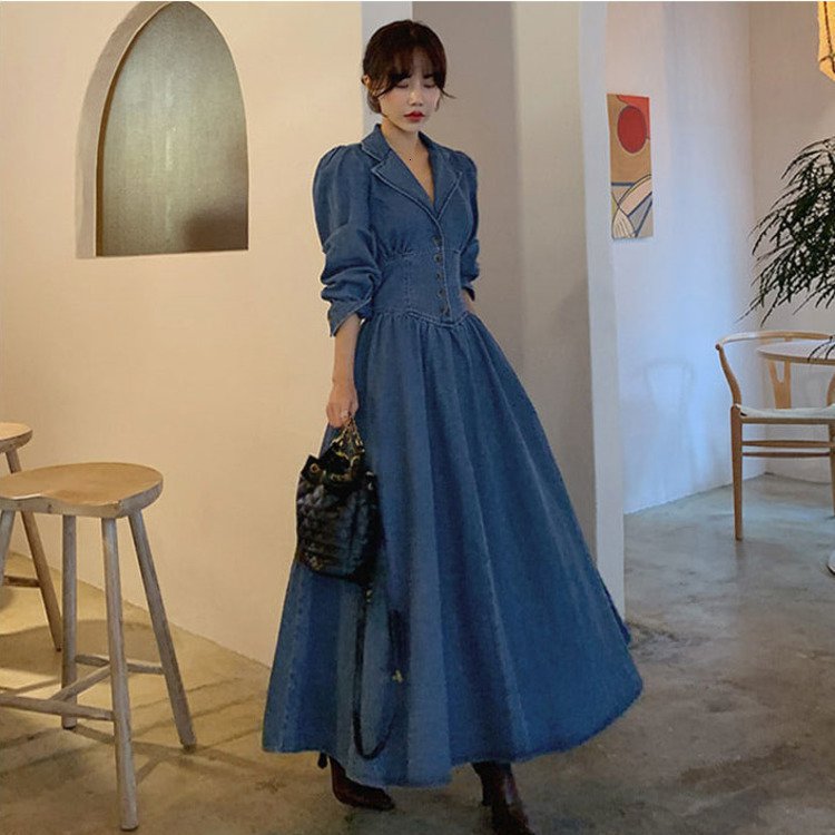 【送料無料】レディース ウエストマーク デニム ロング丈 ワンピース 大人可愛い ママコーデ ママファッション 韓国 オルチャンファッション 人気 トレンド 新作 20代 30代 40代 きれいめ レトロ シンプル 無地 定番 お出かけ デート おしゃれ 通勤 通学 オフィス OL