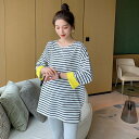 【送料無料】マタニティ トップス ラウンドネック ボーダー ロングTシャツ&レギンスセット セットアップ 2点セット レディース 可愛い ママコーデ ママファッ...