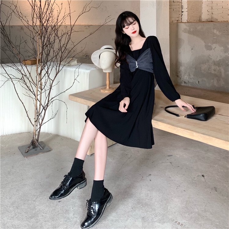 【送料無料】レディース シフォンワンピース リボン 長袖 モノトーン サイズ豊富 スクエアネック 大人可愛い ママコーデ ママファッション 韓国 オルチャンファッション 人気 トレンド 新作 20代 30代 40代 きれいめ レトロ シンプル 定番 お出かけ デート おしゃれ 通勤