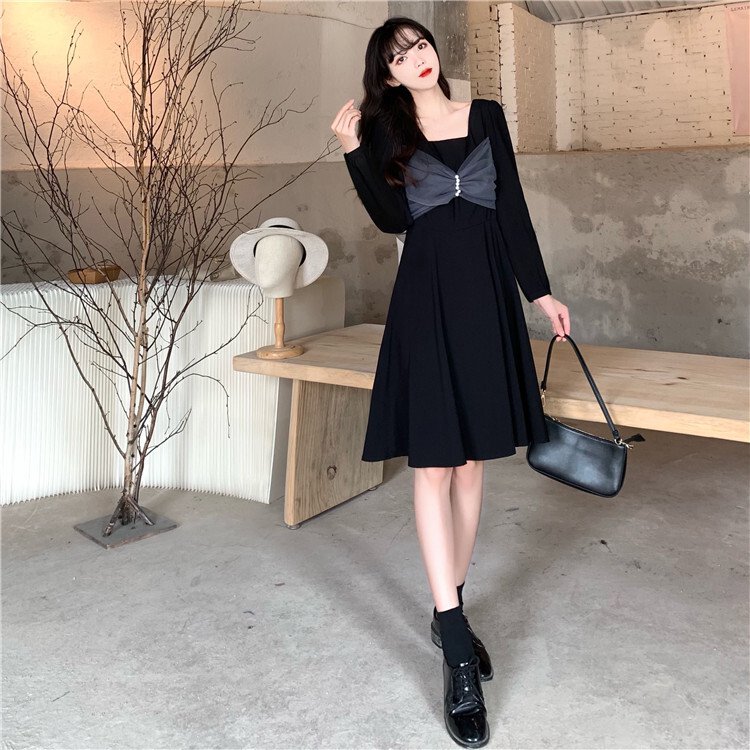 【送料無料】レディース シフォンワンピース リボン 長袖 モノトーン サイズ豊富 スクエアネック 大人可愛い ママコーデ ママファッション 韓国 オルチャンファッション 人気 トレンド 新作 20代 30代 40代 きれいめ レトロ シンプル 定番 お出かけ デート おしゃれ 通勤