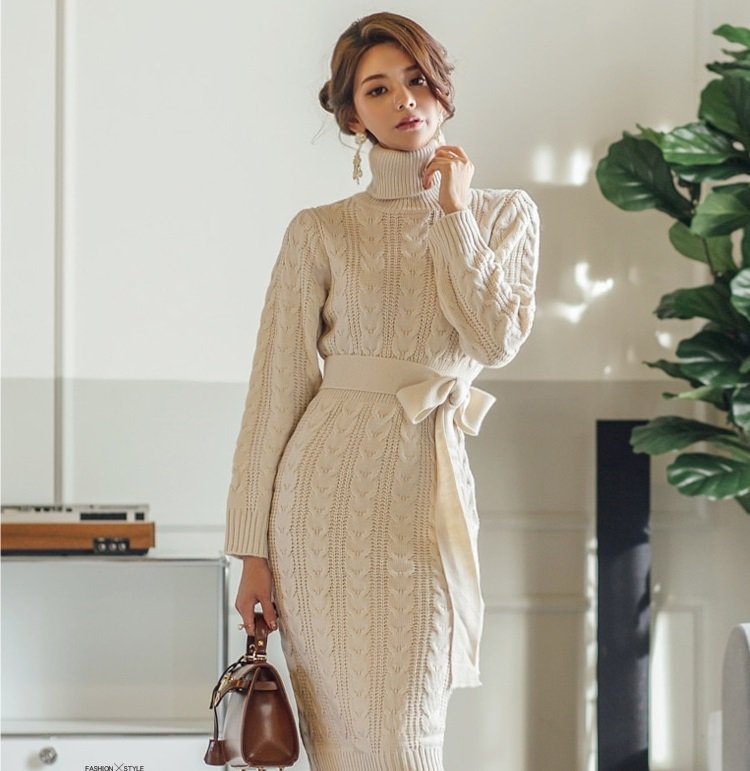 【送料無料】レディース ニットワンピース ケーブルニット ウエストリボン ハイネック 大人可愛い ママコーデ ママファッション 韓国 ..