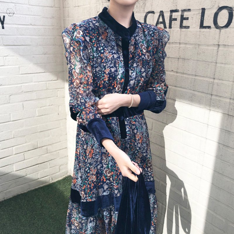 【送料無料】レディース 花柄 フリル ワンピース 立襟 ロングワンピース 長袖 ロング ハイネック エレガント 上品 大人可愛い ママコーデ ママファッション 韓国 オルチャンファッション 人気 トレンド 新作 20代 30代 40代 きれいめ レトロ シンプル 無地 定番 お出かけ