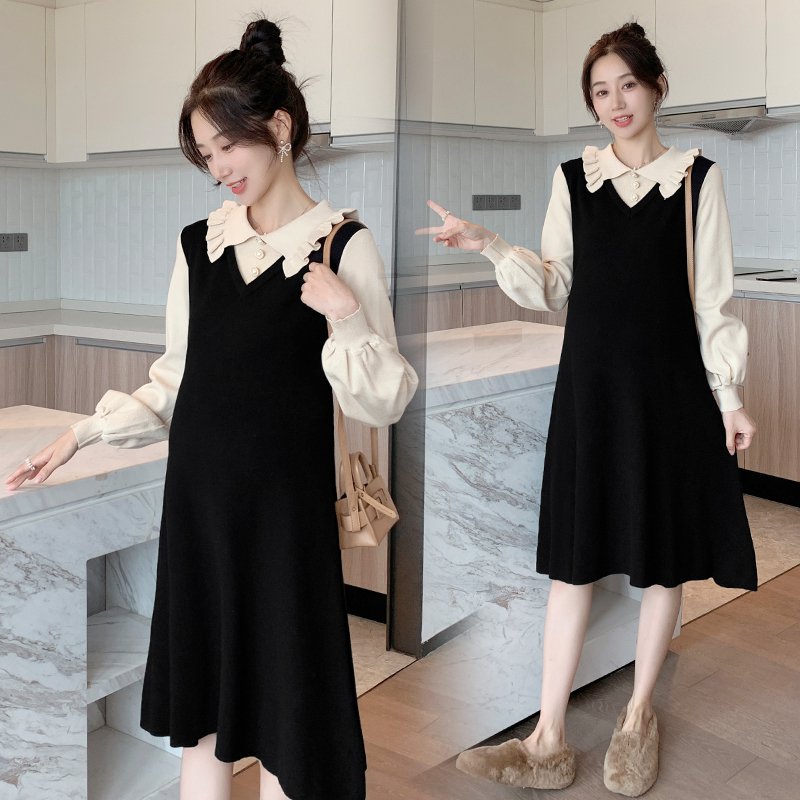 【送料無料】マタニティ ワンピース 膝丈 ひざ丈 ミディアム丈 長袖 パフスリーブ 襟付き Aライン ニット レディース 可愛い ママコーデ ママファッション ママ服 マタニティウェア 人気 ゆったり 大きいサイズ デイリー 普段着 お出かけ おしゃれ シンプル 無地 きれいめ