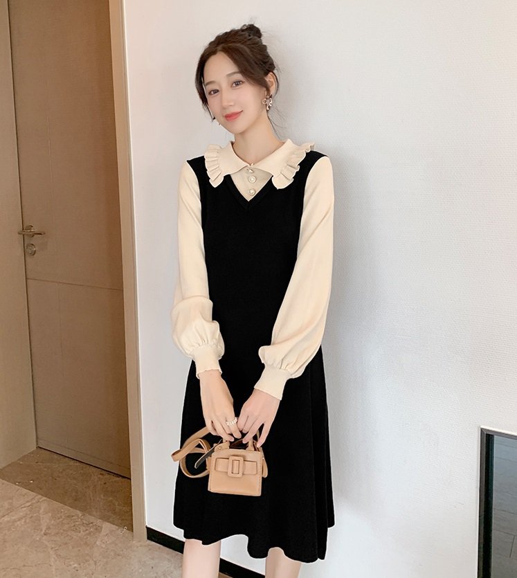 【送料無料】マタニティ ワンピース 膝丈 ひざ丈 ミディアム丈 長袖 パフスリーブ 襟付き Aライン ニット レディース 可愛い ママコーデ ママファッション ママ服 マタニティウェア 人気 ゆったり 大きいサイズ デイリー 普段着 お出かけ おしゃれ シンプル 無地 きれいめ