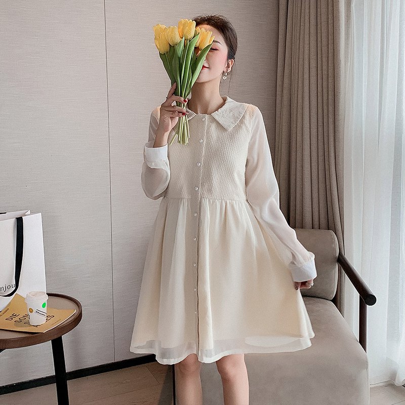 【送料無料】マタニティ ワンピース 膝丈 フレアワンピース パールボタン ガーリー レディース 可愛い ママコーデ ママファッション ママ服 マタニティウェア 人気 ゆったり 大きいサイズ デイリー 普段着 お出かけ おしゃれ シンプル 無地 きれいめ カジュアル フェミニン