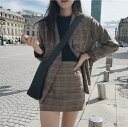 セットアップ スーツ ジャケット + スカート 2点セット 上下セット グレンチェック Vネック ミニスカート 長袖 大人可愛い ママコーデ ママファッション 韓国 オルチャンファッション 人気 トレンド 新作 20代 30代 40代 きれいめ レトロ シンプル 無地 定番 お出かけ デート(4)