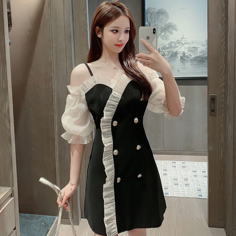 【送料無料】レディース 6カラー ワンピース キャミソールワンピース ミニ丈 フリル シフォン袖 オフショルダー ボタン パーティー 大人可愛い ママコーデ ママファッション 韓国系 オルチャンファッション 人気 トレンド 新作 20代 30代 40代 きれいめ レトロ シンプル