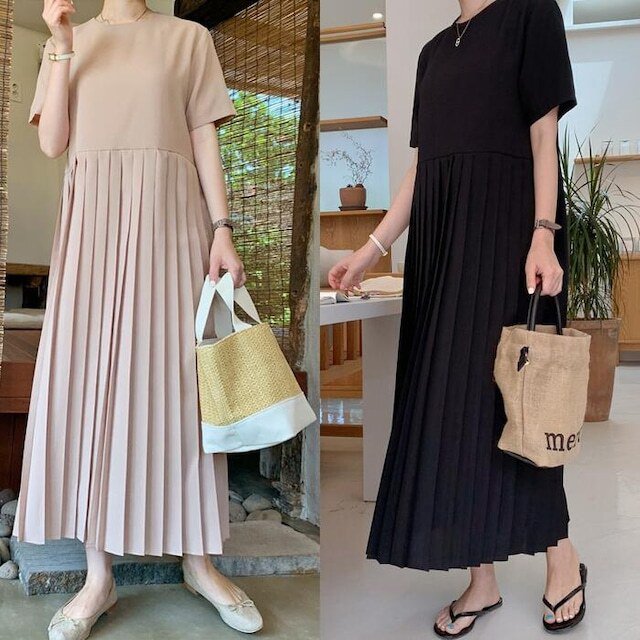 Pleats - 【送料無料】レディース 2カラー ワンピース ロング丈 マキシ丈 半袖 切り替え プリーツ 大人可愛い ママコーデ ママファッション 韓国系 オルチャンファッション 人気 トレンド 新作 20代 30代 40代 きれいめ レトロ シンプル お出かけ デート おしゃれ 通勤 通学 オフィス
